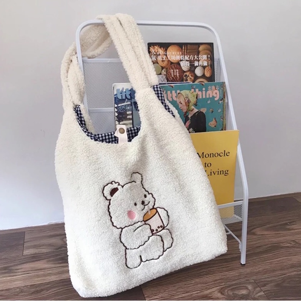 Bear tote bag plush soft fuzzy boba bubble tea cartoon embroidered cream…